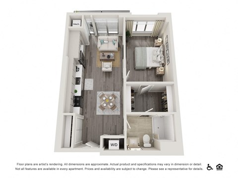 Floor plan for 1 bed, 1 bath, 673 sqft